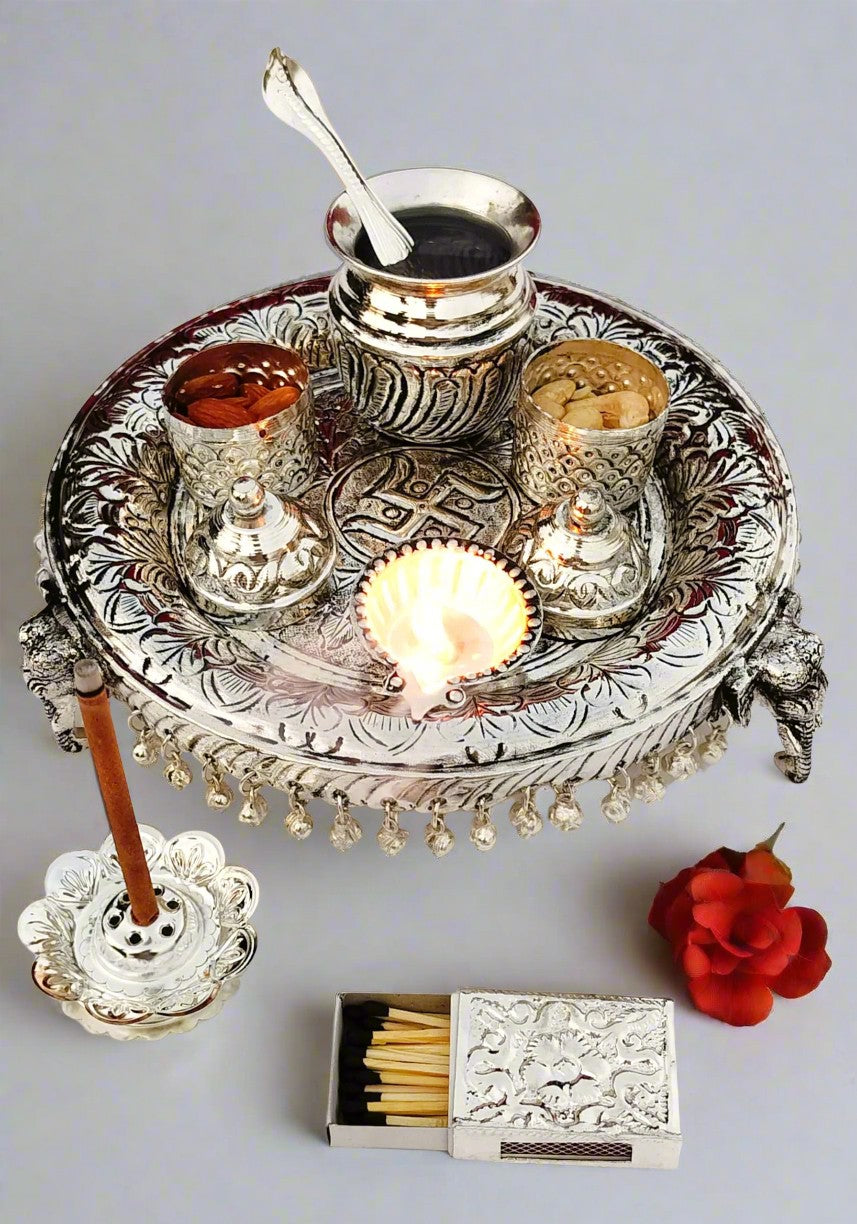 Antique finish German silver Elephant stand aarti thali set